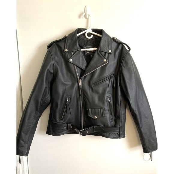 Vintage Raider Black Leather Motorcycle Jacket with Quilted Lining L